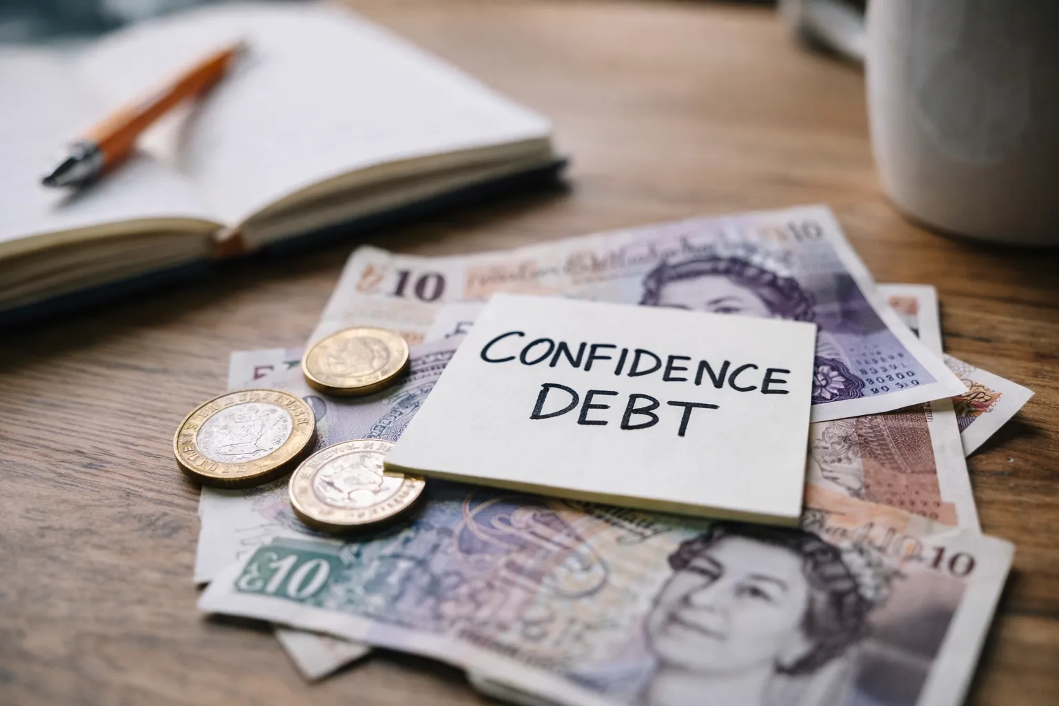 A sticky note with "confidence debt" written on it, on top of a pile of money on a desk.