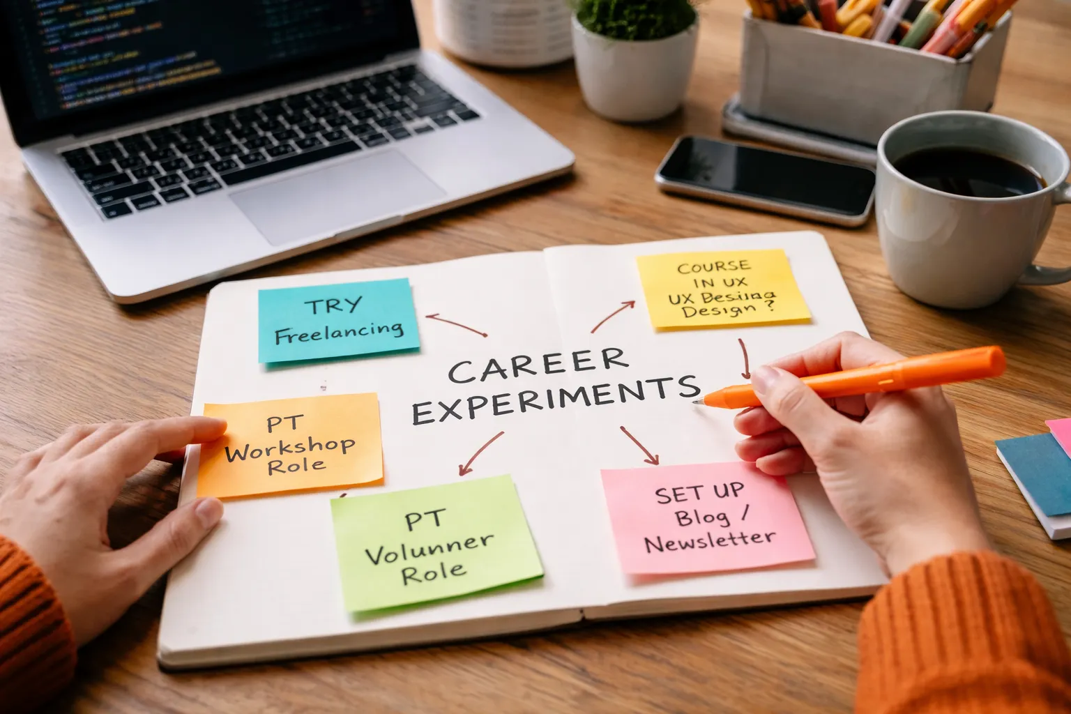 UK office scene with professional testing small career experiments like shadowing and volunteering