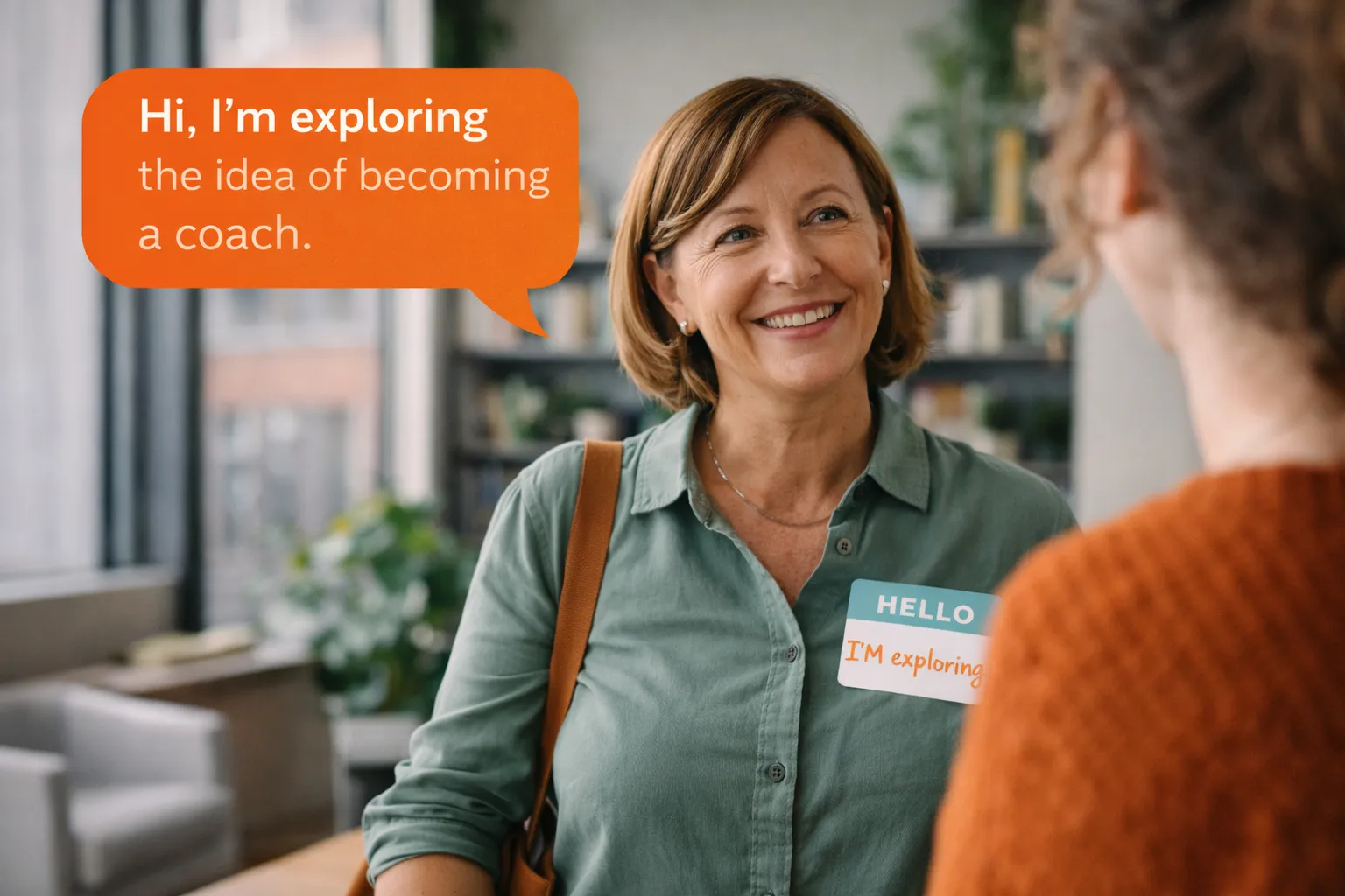 Professional practicing new introductory phrases at networking event to explore future identity