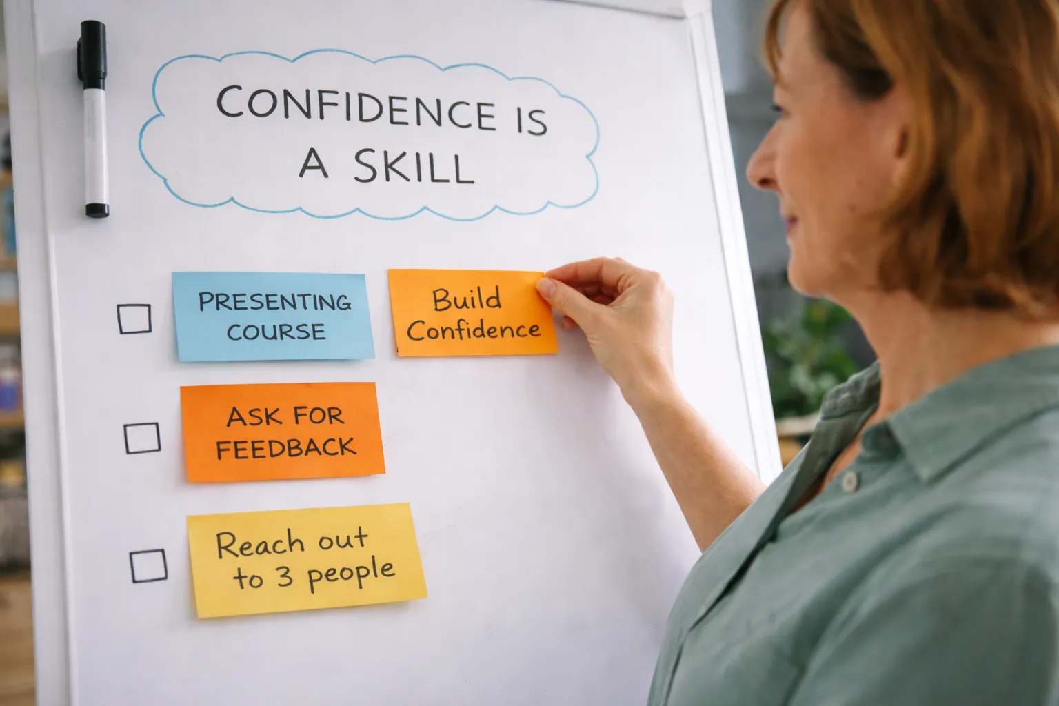 Professional woman at a whiteboard showing "confidence is a skill" with post-its to brainstorm confidence-building professionally