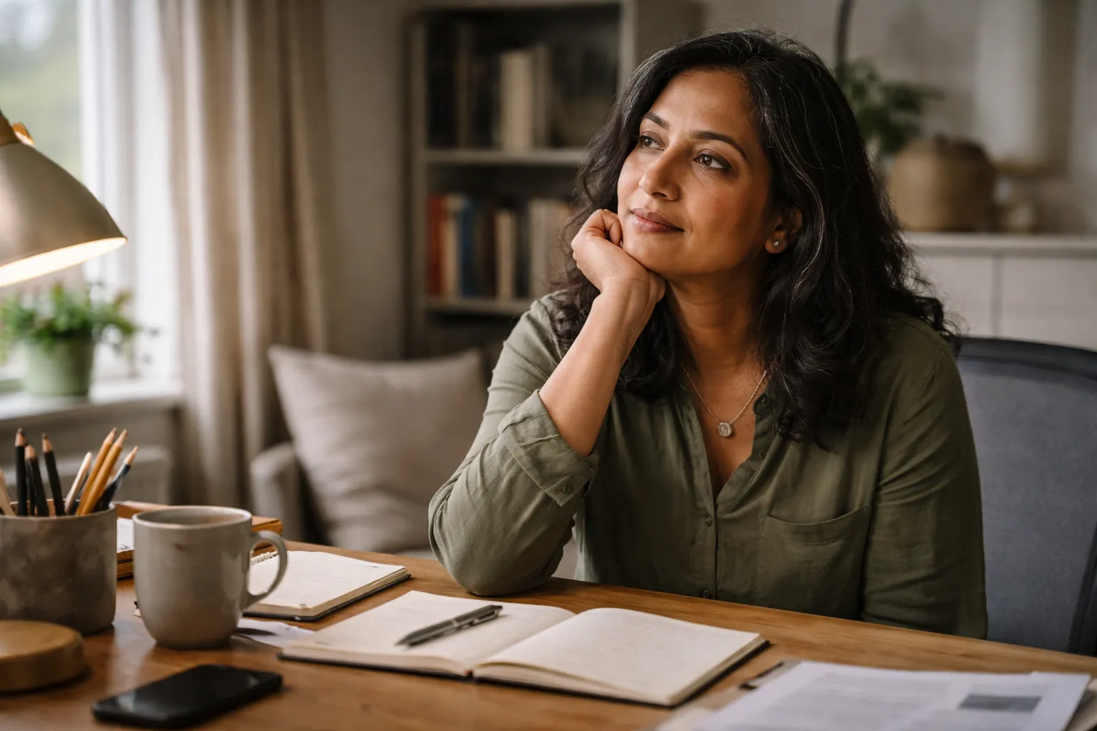 Professional reflecting on career direction at desk in calm office environment