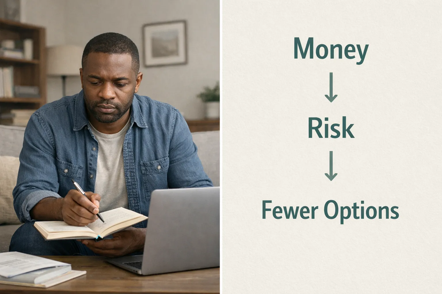 Split image showing professional reviewing career options alongside diagram of money influencing decisions