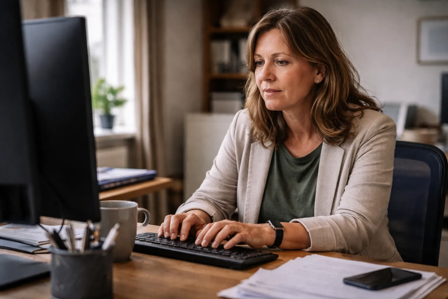 Mid-career professional reflecting on established career role