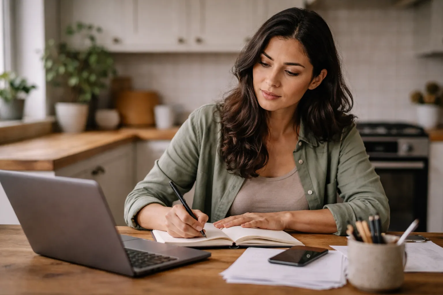 Professional exploring career ideas with notebook and laptop