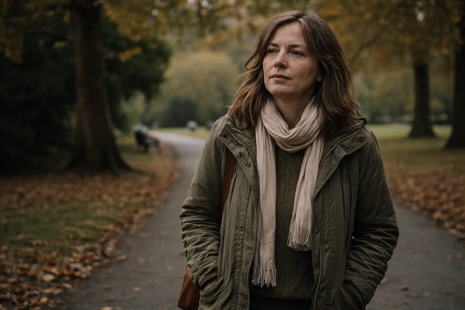 Person walking thoughtfully in UK park reflecting on life direction