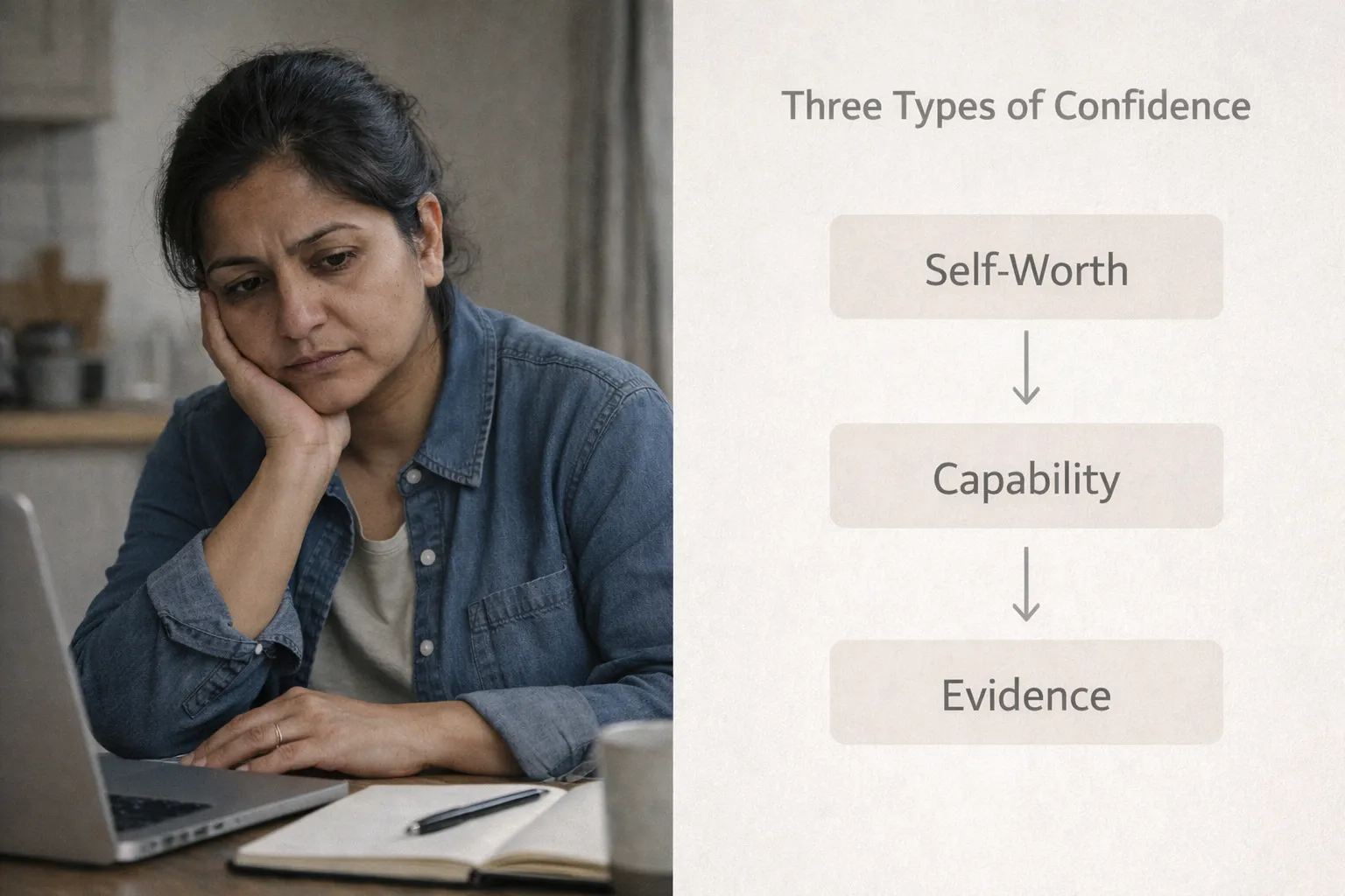Split image showing professional reflection and simple confidence model diagram