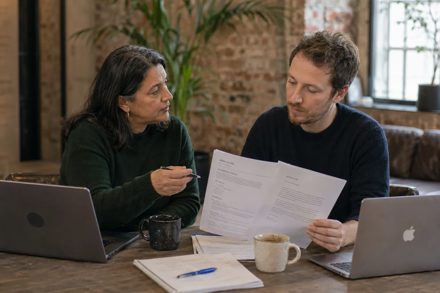 career coach discussing CV vs cover letter with client in London realistic UK setting