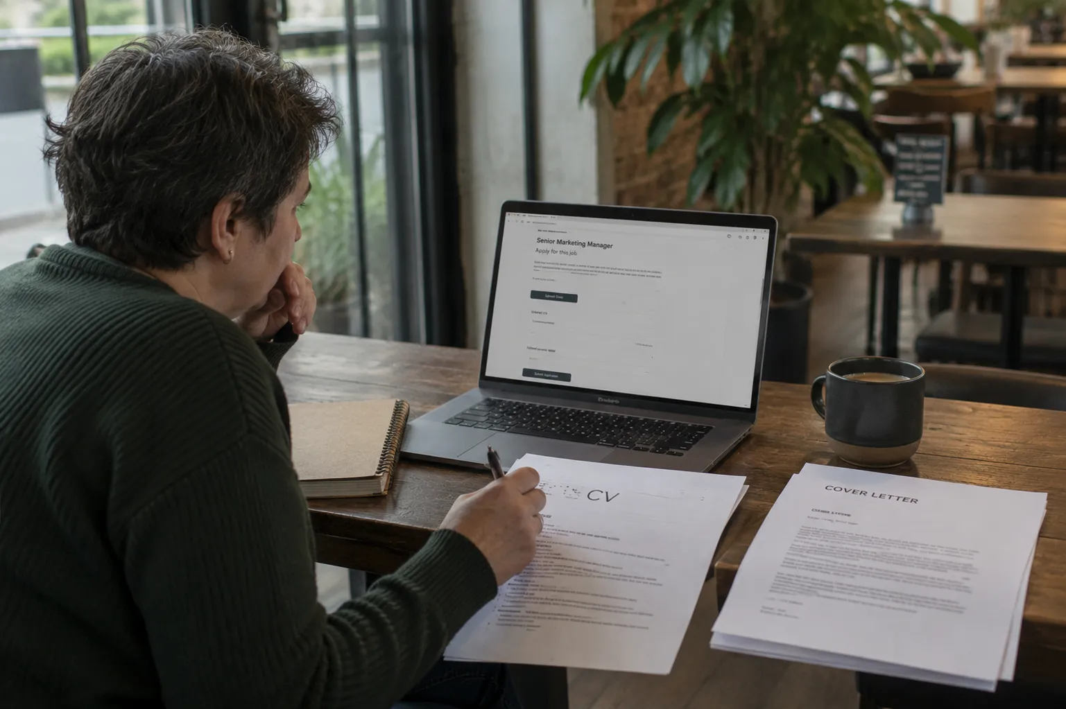 professional deciding between CV and cover letter while applying for job in UK cafe setting