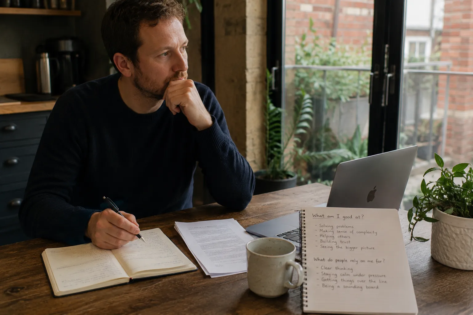 professional reflecting on strengths and transferable skills in notebook UK workspace