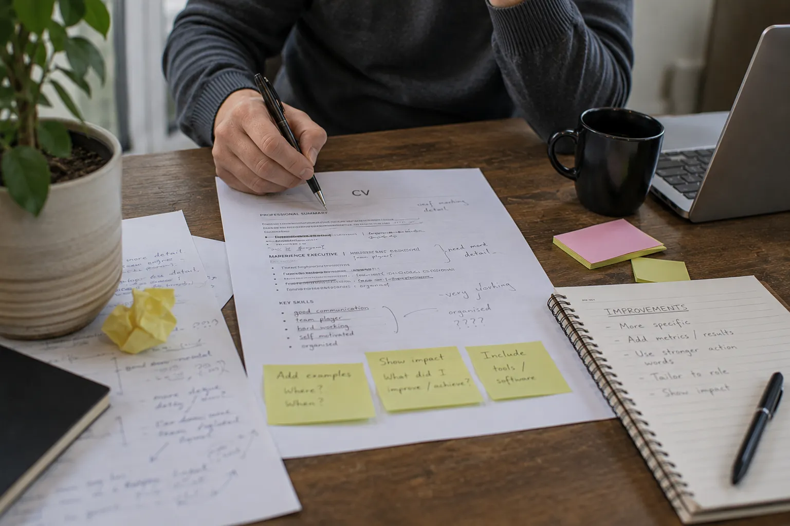 CV with vague transferable skills and corrections showing common mistakes UK job application