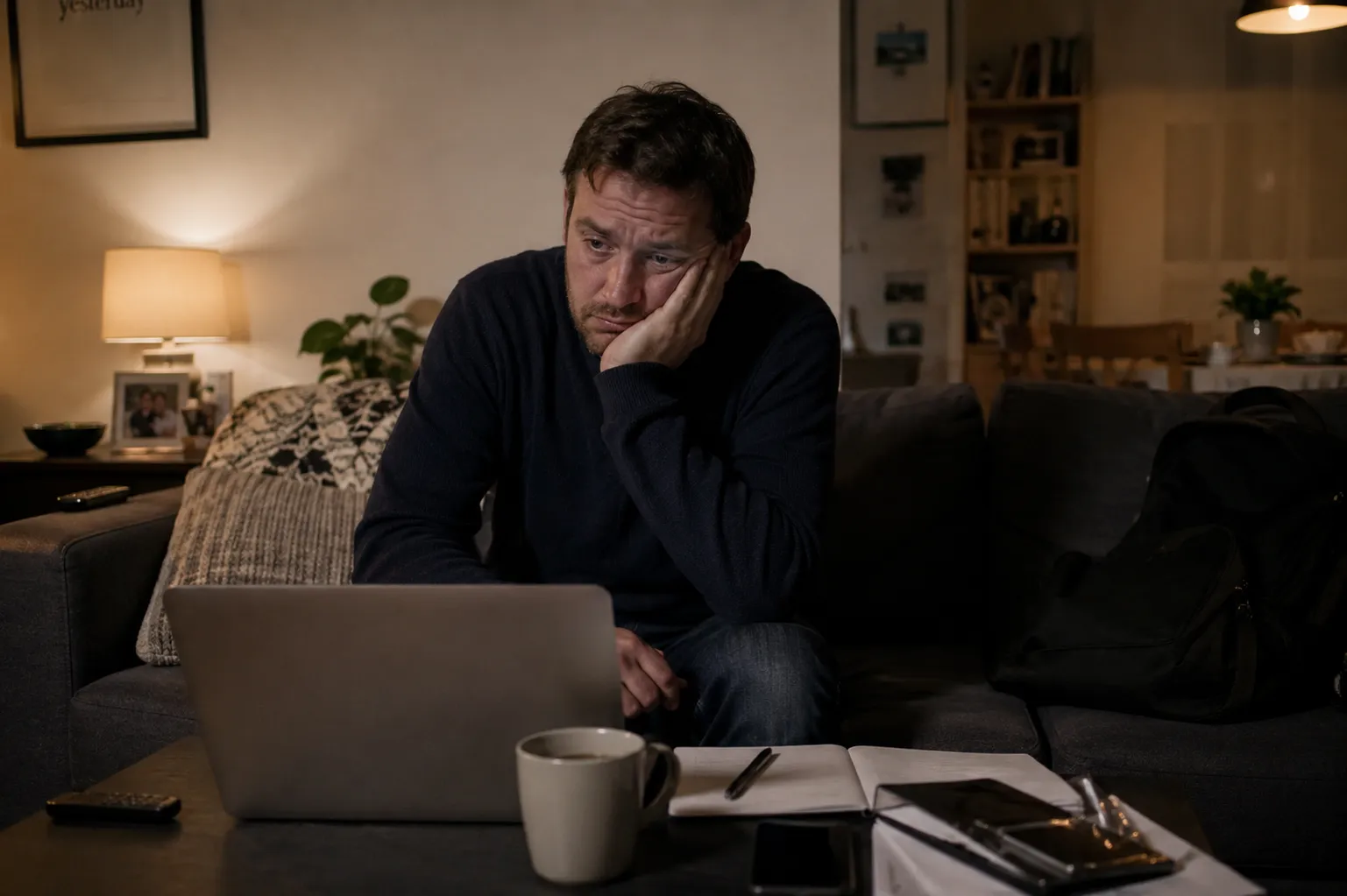 professional feeling anxious about work on Sunday evening at home UK realistic setting