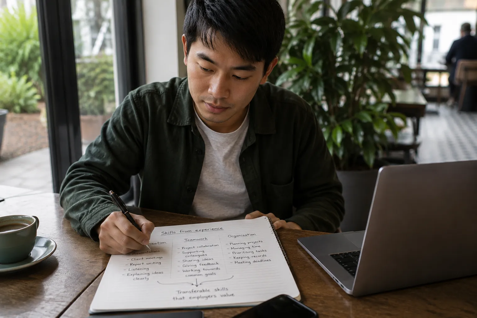 professional identifying transferable skills from experience in notebook UK workspace