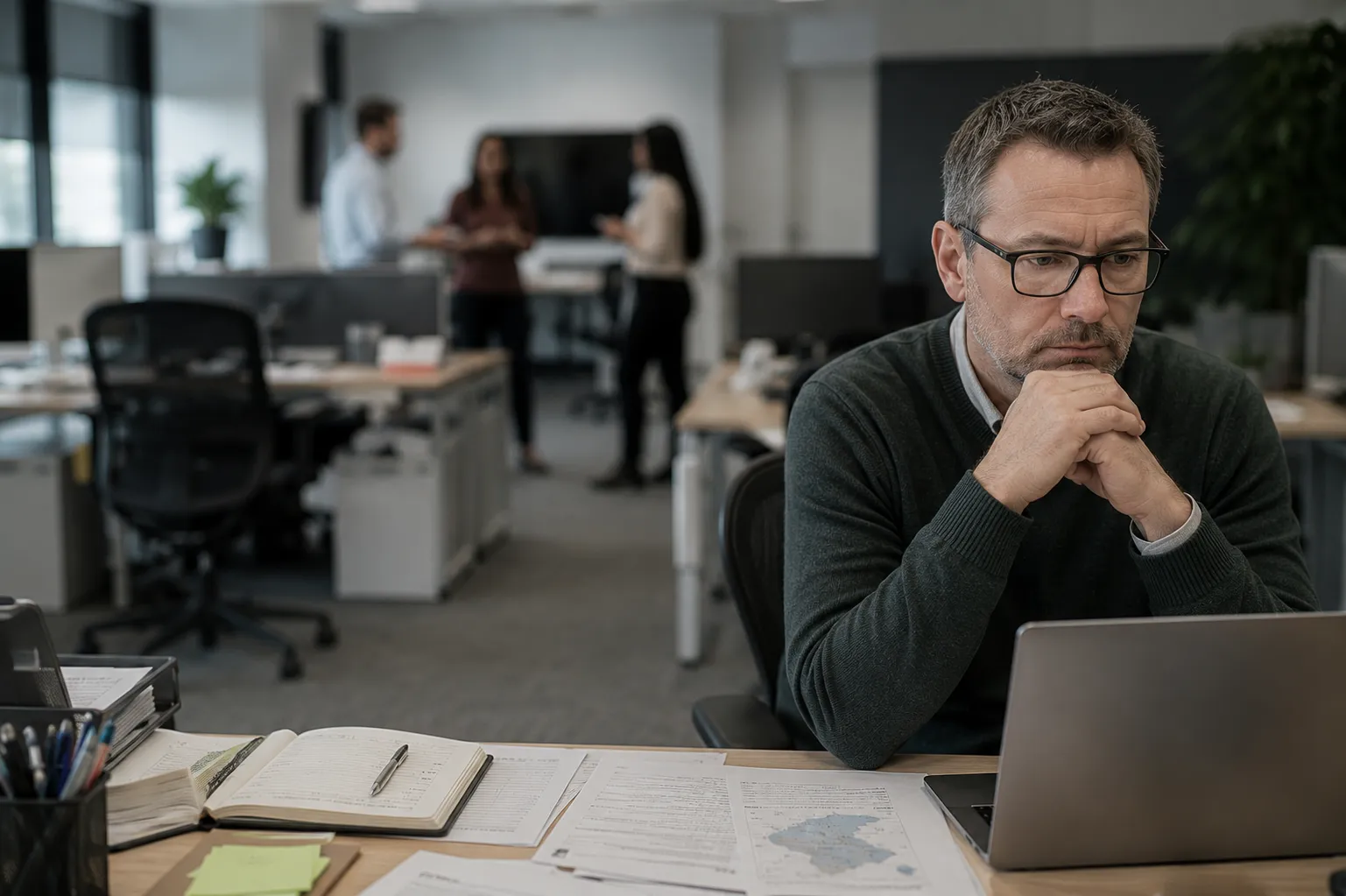 professional feeling isolated at work with colleagues in background UK office
