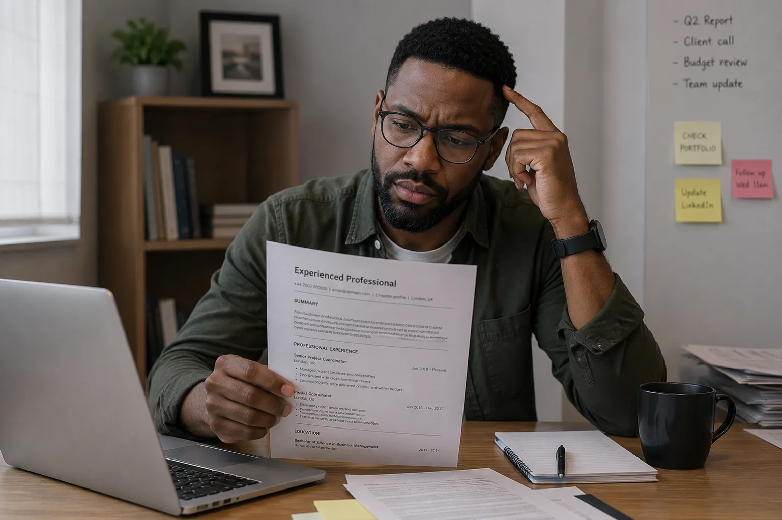 Man considering effective CV headline strategies, sitting at a desk in front of a laptop. 