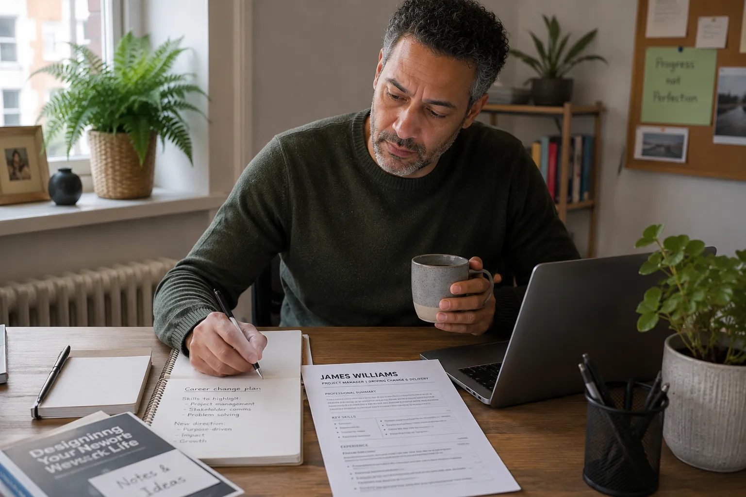 professional updating CV headline for career change UK home workspace