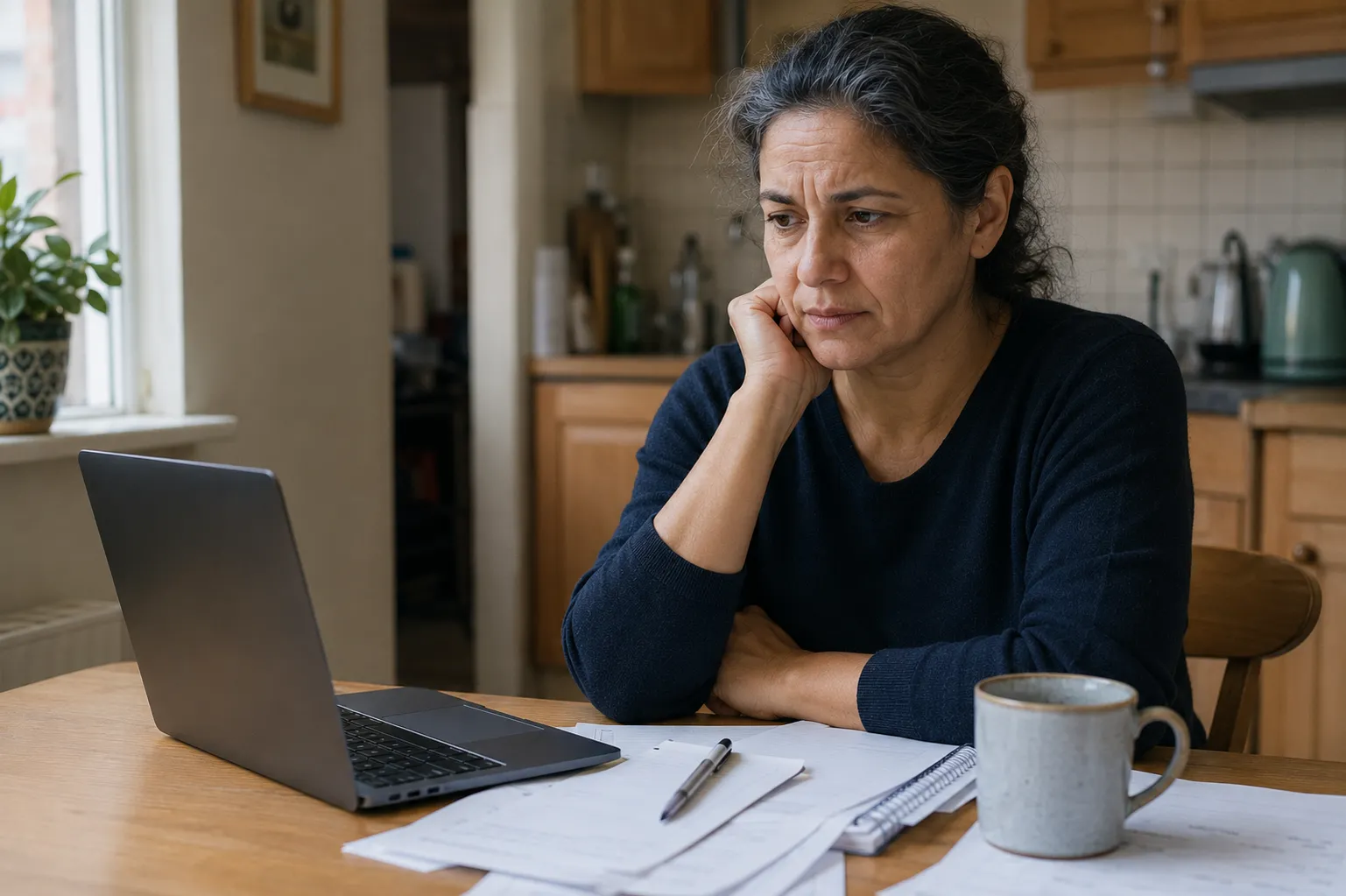 Woman sitting at a kitchen table looking concerned as she browses a laptop, considering changing career.