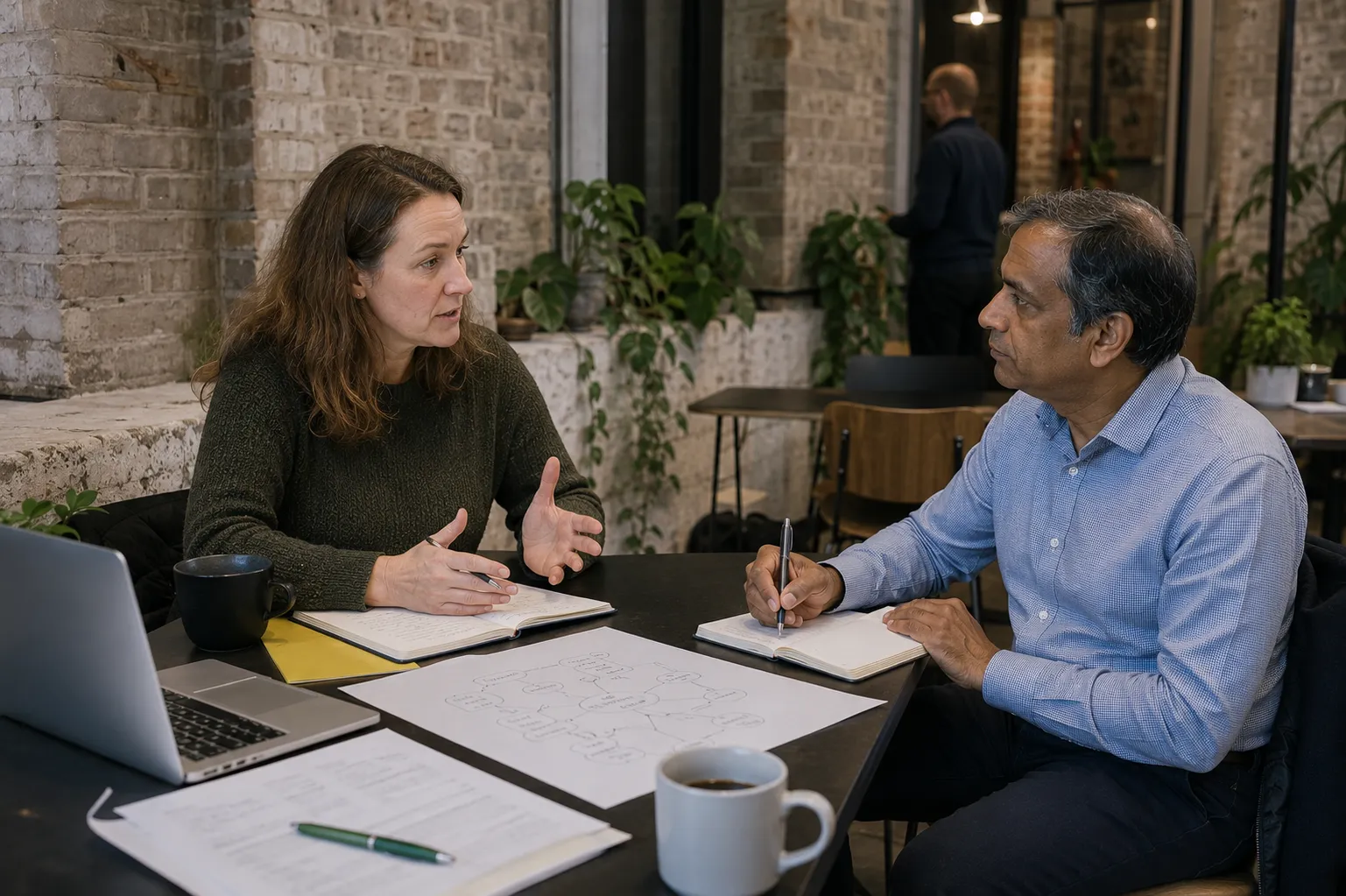 Image of a career coaching session showing a career coach and client discussing career at a table in a modern open office environment
