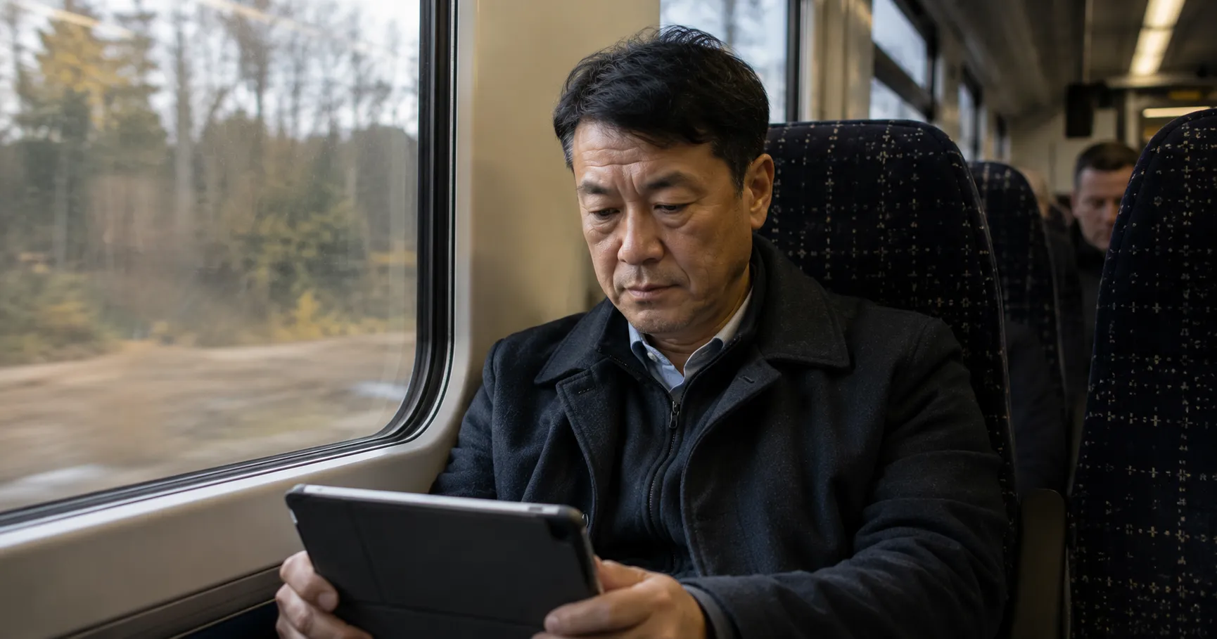 Professional commuter in their 50s travelling by train while reviewing notes, suggesting a temporary trade-off during career transition