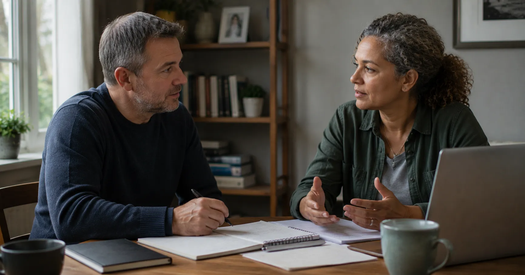 Career coach and client in a structured, supportive conversation reviewing notes together