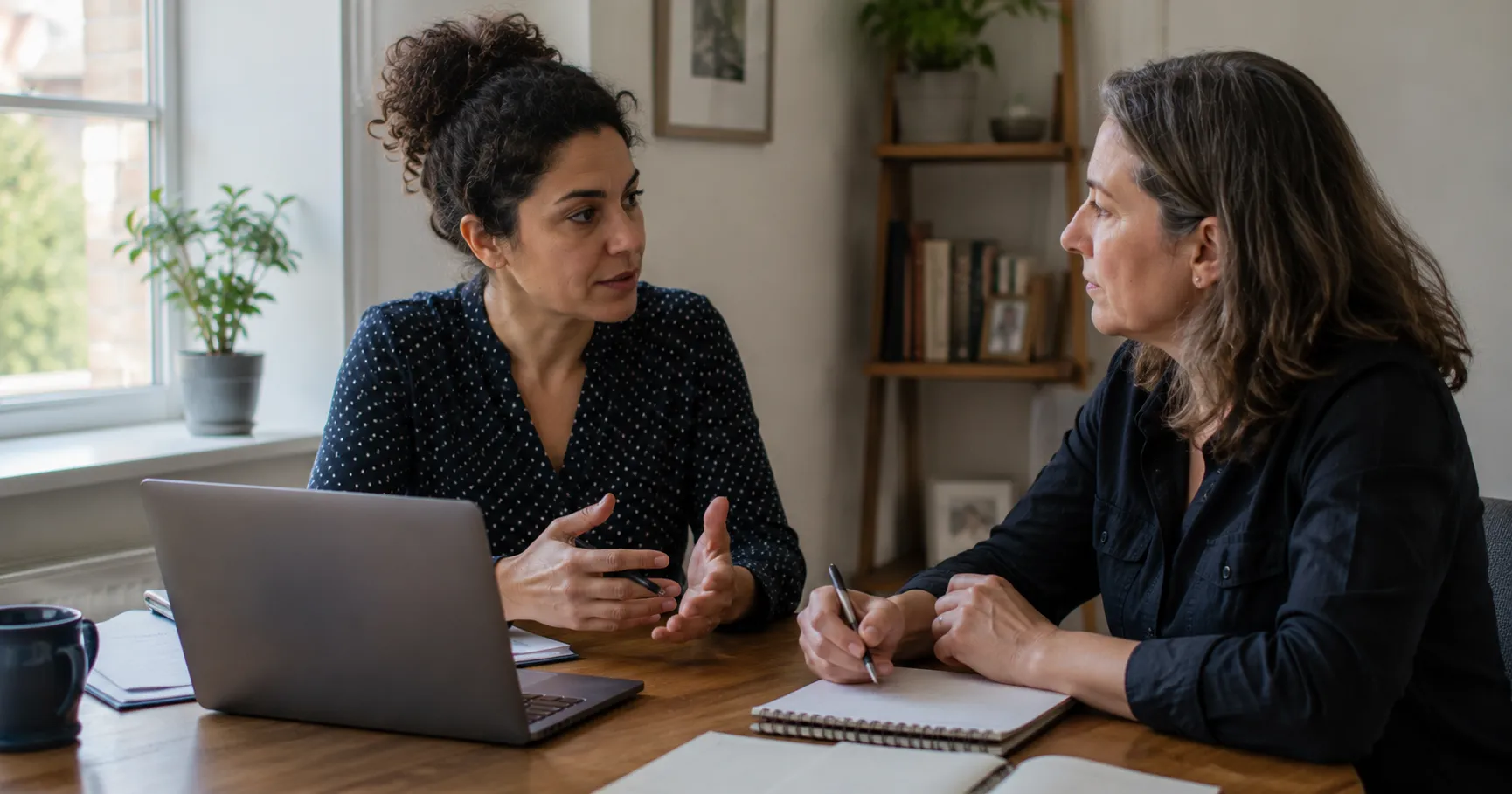 Career coach and client in a calm structured conversation reviewing notes together