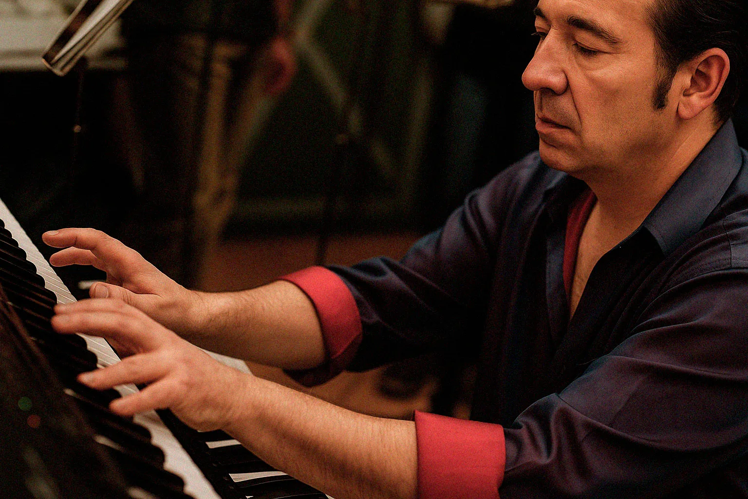 Pianista tocando un teclado en plano lateral con luz cálida