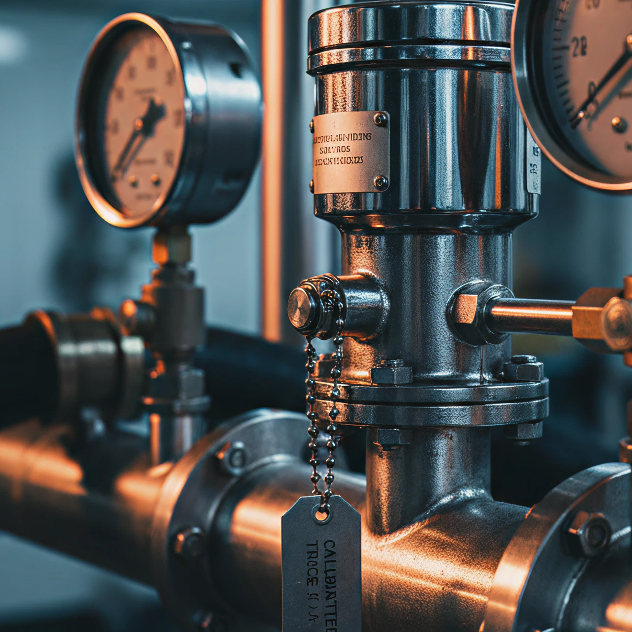 Close-up of metallic industrial pipes and pressure gauges with a chain-tag attached to a valve.