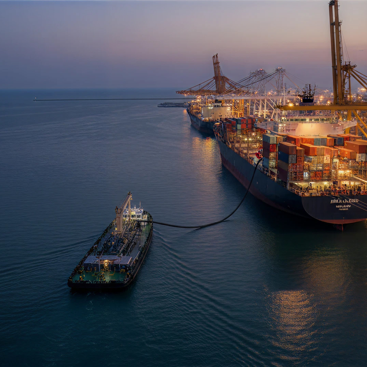 Cargo ship docked at port connected by a hose to a smaller ship on calm water at dusk.