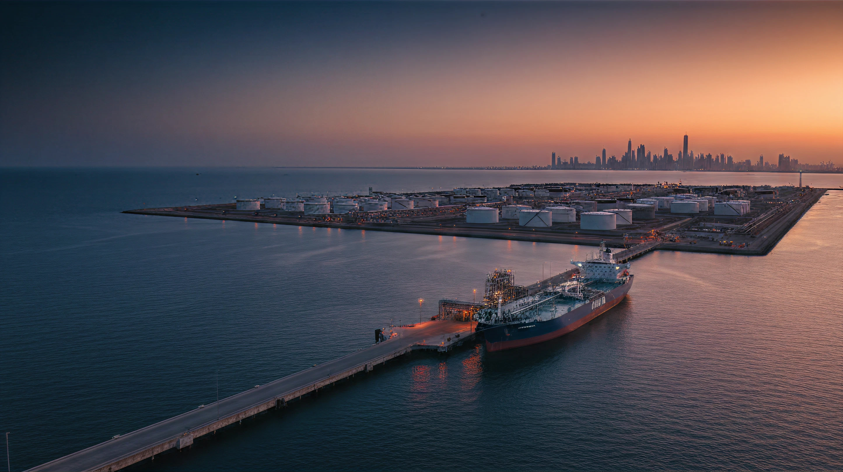 Large tanker docked at industrial port with storage tanks and city skyline at sunset.