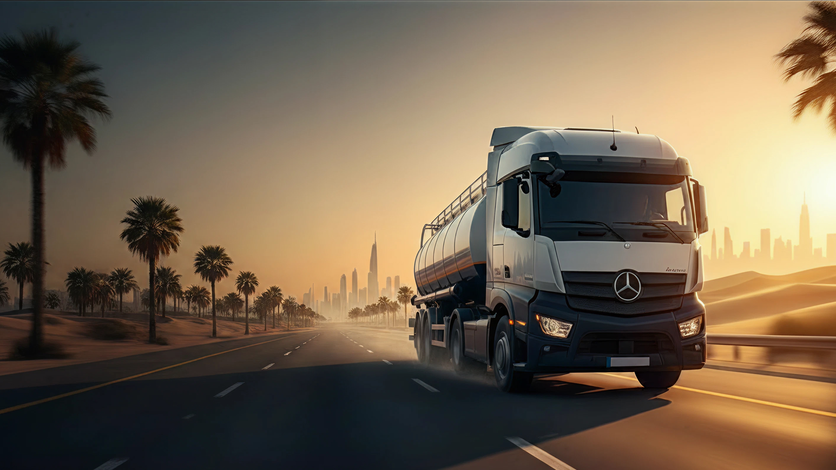 Mercedes tanker truck driving on highway lined with palm trees at sunset with a city skyline in background.