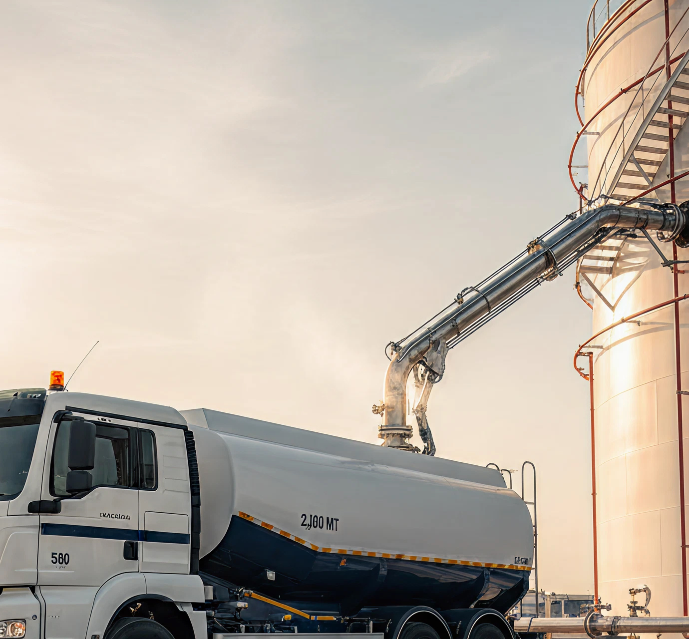 White tanker truck connected to a large industrial silo by a shiny metal pipe under a clear sky.
