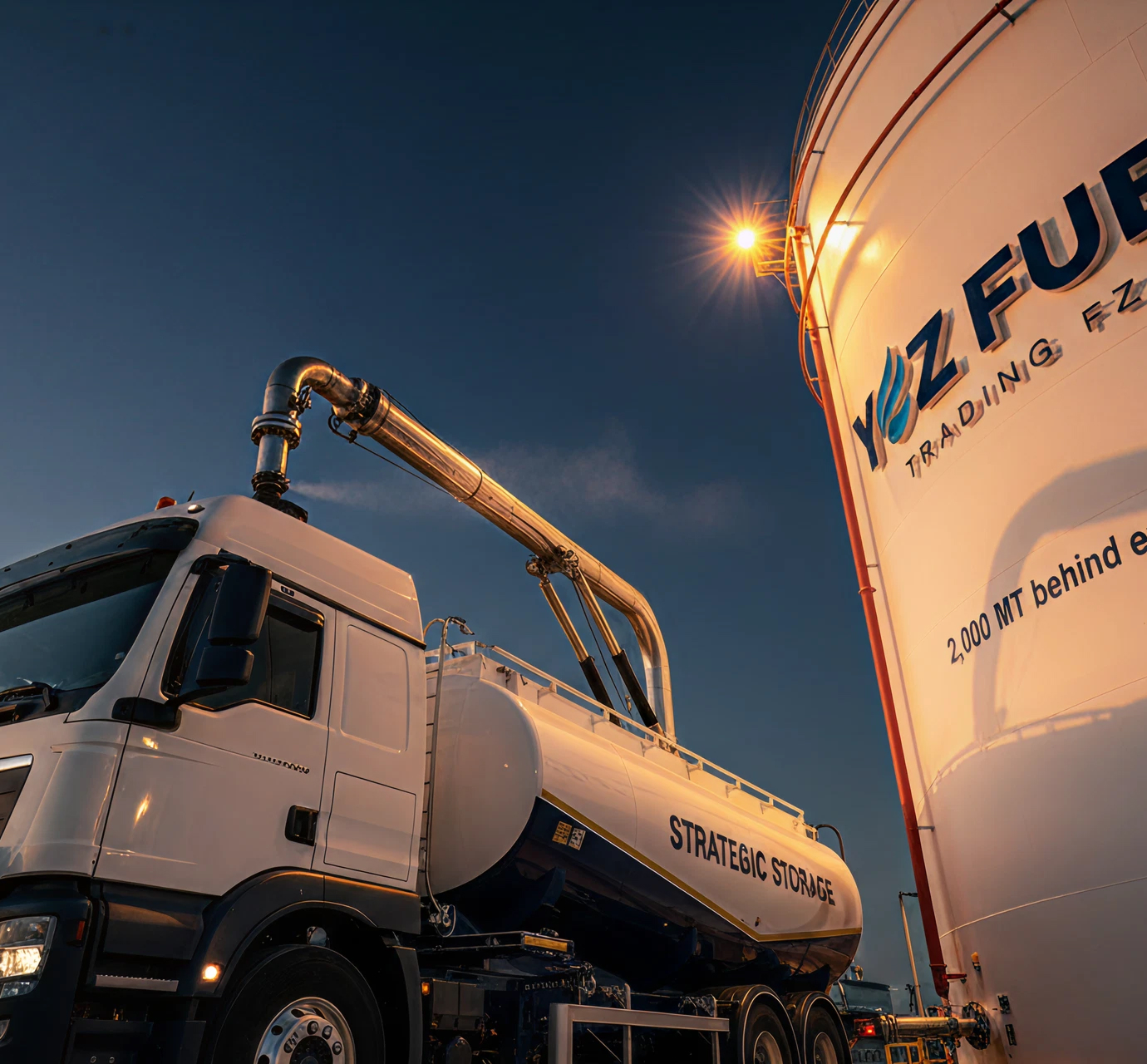 White tanker truck labeled Strategic Storage connected to a large fuel storage tank at dusk.