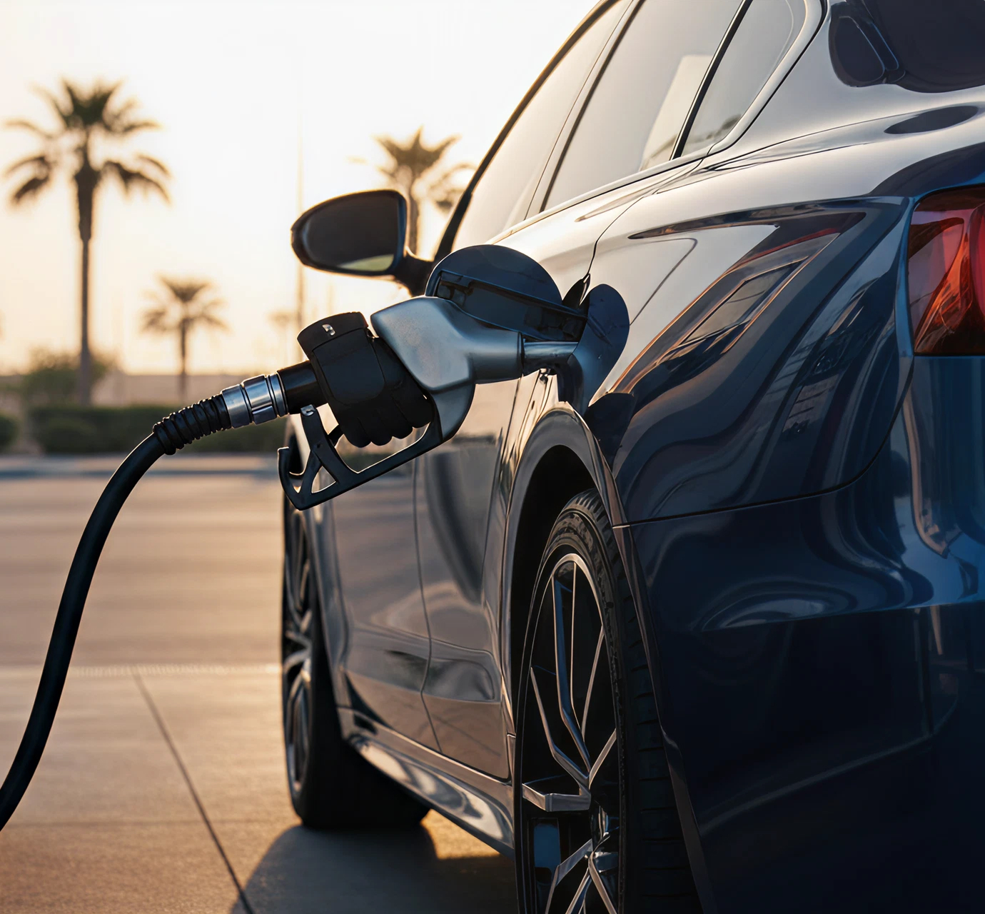 Close-up of a dark car refueling with a gas pump at sunset with palm trees in the background.