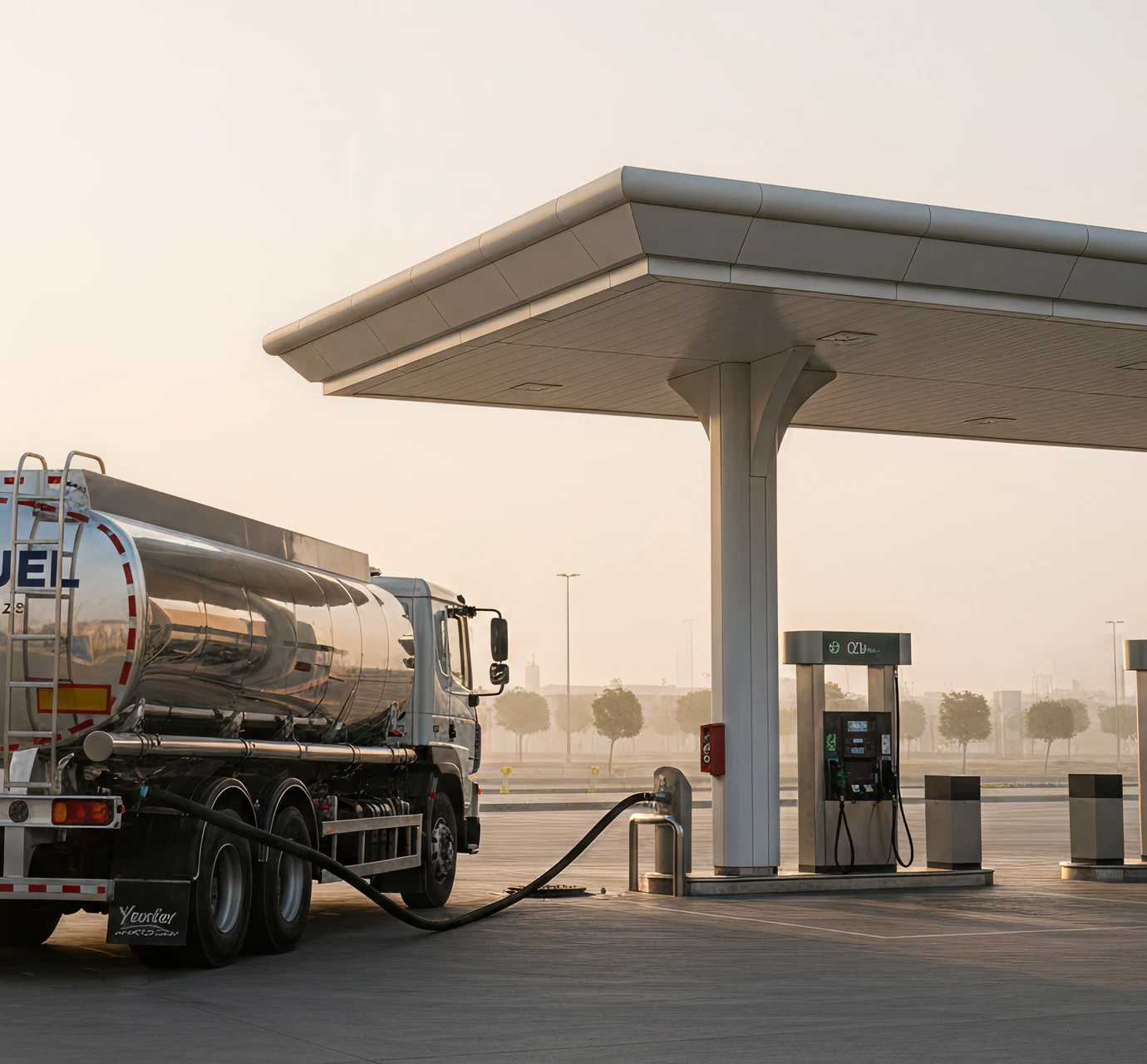 Fuel tanker truck refueling at a modern gas station under a large canopy at sunrise.
