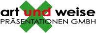 Logo von art und weise PRÄSENTATIONEN GMBH mit grünem X im Hintergrund.