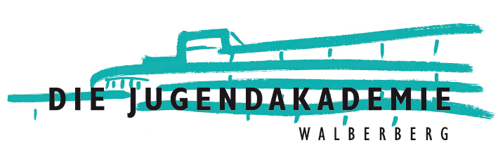 Logo der Jugendakademie Walberberg mit stilisierter blauer Bahn im Hintergrund.