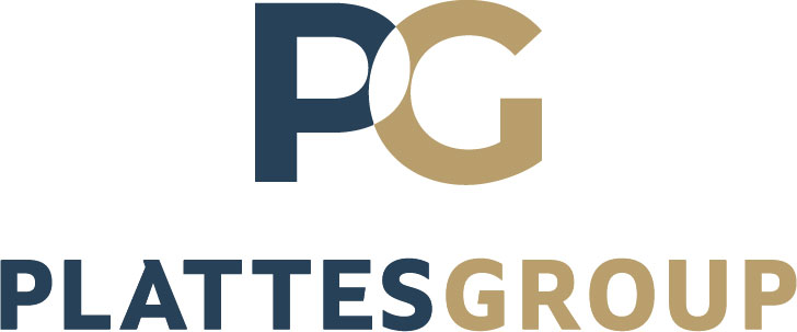 Logo der Plattes Group mit den miteinander verbundenen Buchstaben P und G in Blau und Gold.