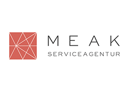 MEAK Serviceagentur Logo mit rotem Quadrat und geometrischem Linienmuster.