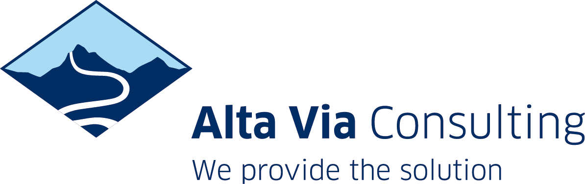 Logo mit Bergsilhouette und kurviger Straße, daneben Schriftzug 'Alta Via Consulting' und der Slogan 'We provide the solution'.