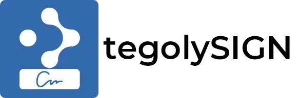 Blaues Logo mit drei weißen, verbundenen Punkten über einem weißen Balken mit blauer Unterschrift und dem Text tegolySIGN in schwarzer Schrift neben dem Logo.