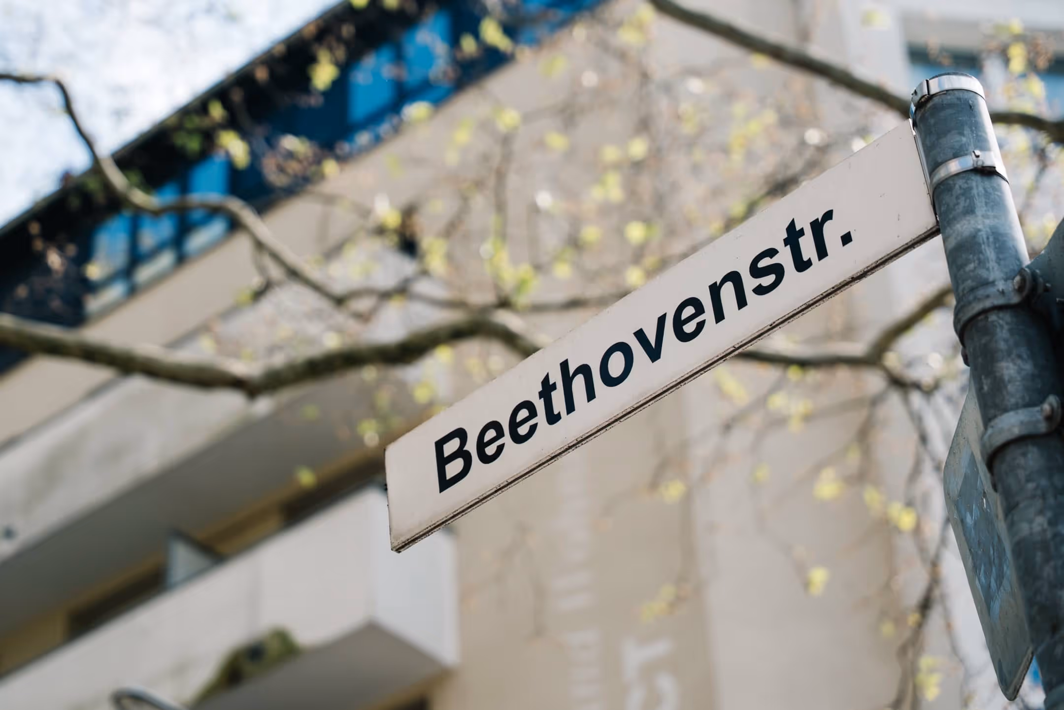 Straßenschild mit der Aufschrift Beethovenstr. vor einem Gebäude mit abgestumpften Bäumen im Hintergrund.
