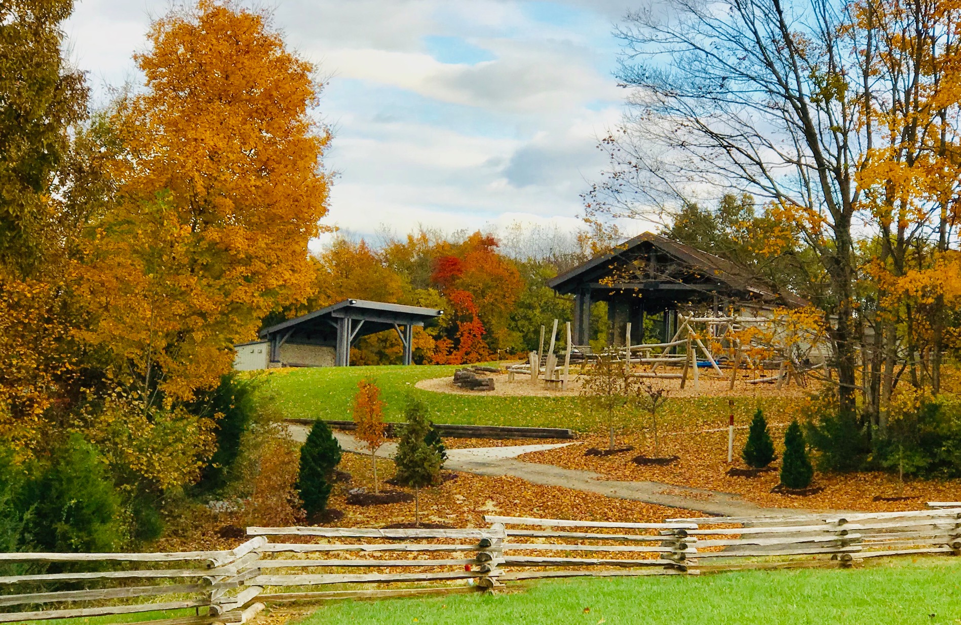 Photo of amphitheater and pavilion in the fall with leaves on the ground.