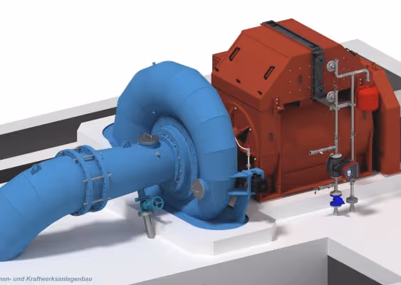 3D model of a large industrial turbine with a blue cylindrical inlet pipe connected to a red housing unit mounted on a white base.