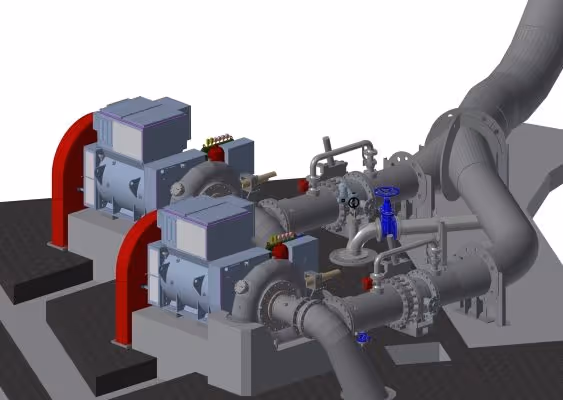 3D rendering of two industrial pump units with motors and interconnected piping.
