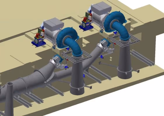 3D model of two industrial pumps connected to large curved pipes and mounted on a beige platform.