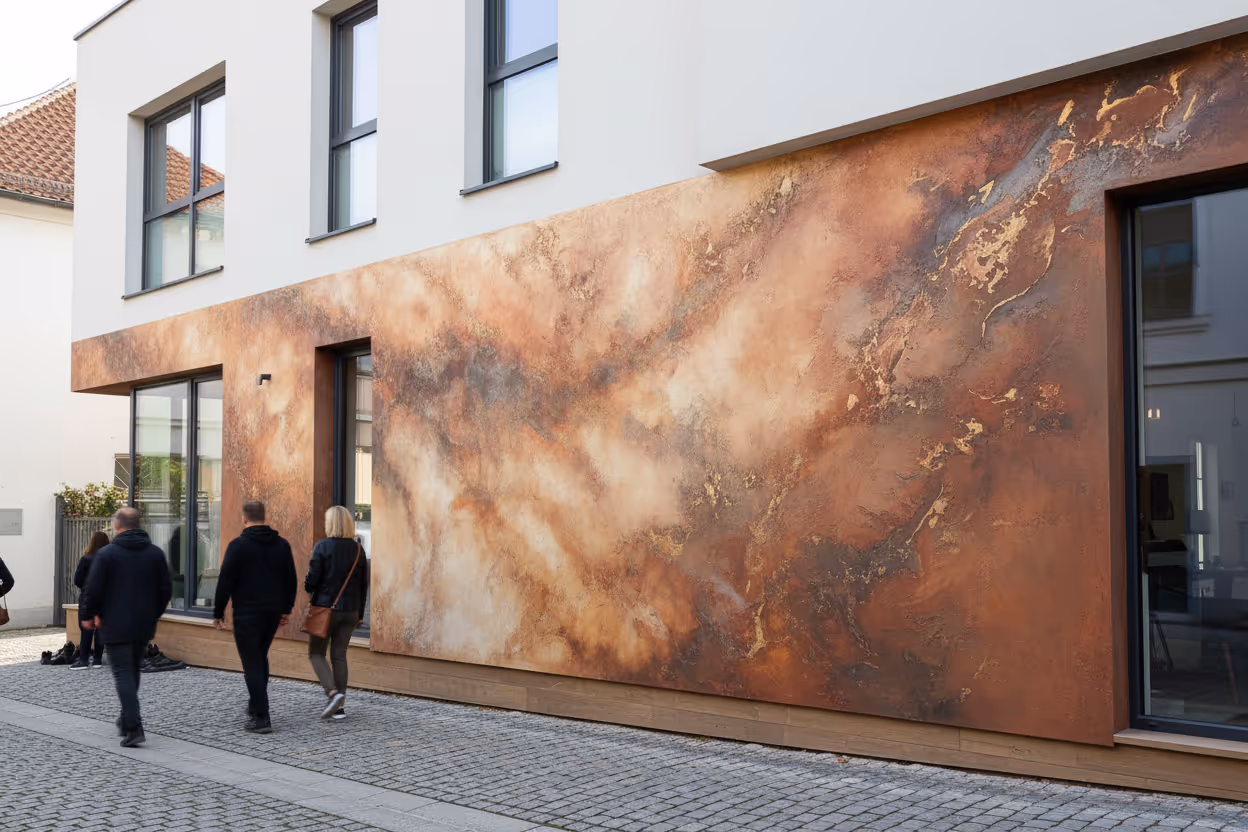 Moderne Gebäudeaußenwand mit orange-braunem, strukturiertem Muster und drei Personen, die auf dem gepflasterten Gehweg vorbeigehen.