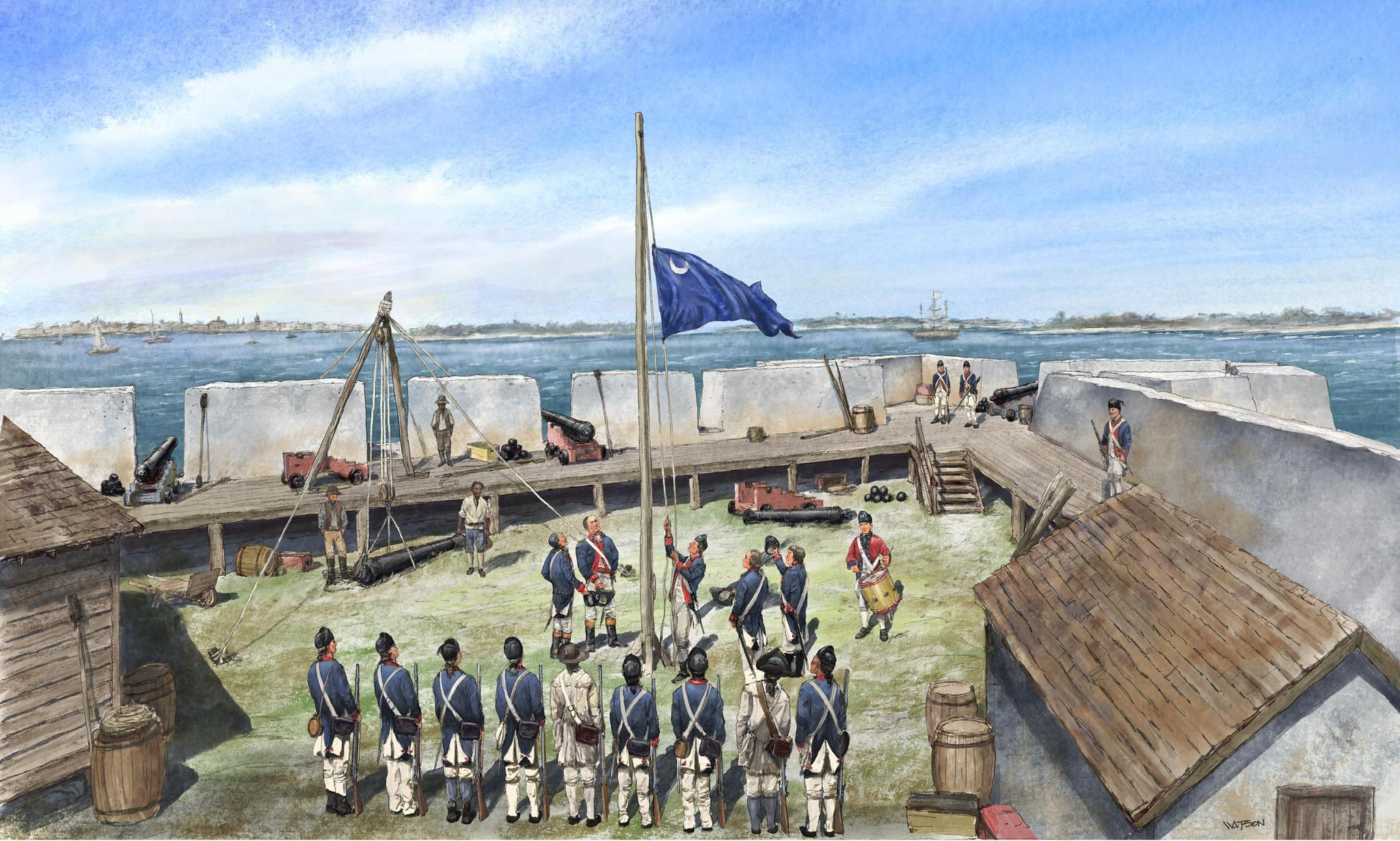 Close-up of a vintage American flag showing the blue field with stars and red and white stripes.