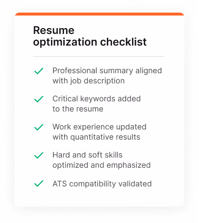 Checklist showing steps of resume optimization including keywords, experience updates, and ATS compatibility.