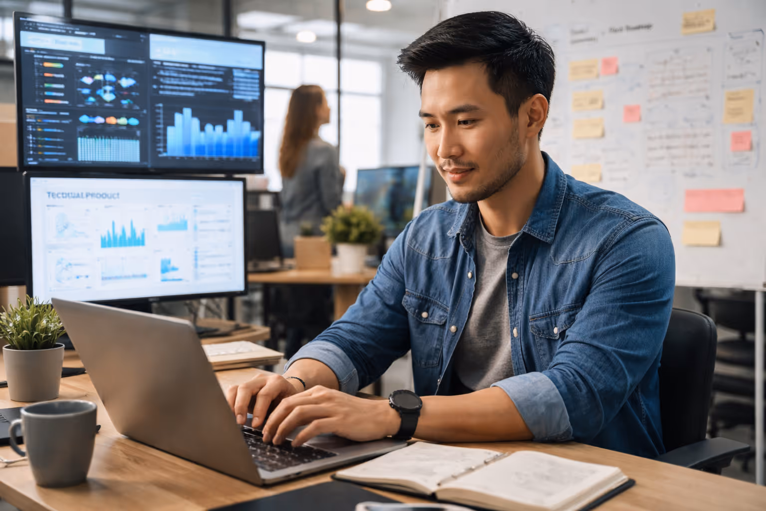 Technical Product Manager working at a laptop in a modern office, analyzing product metrics and roadmaps on multiple screens