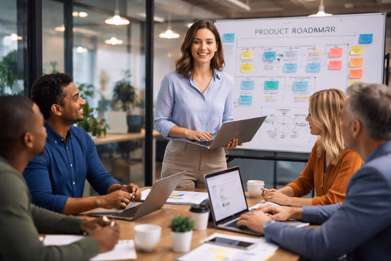 Product manager presenting product roadmap to cross-functional team during collaborative planning meeting