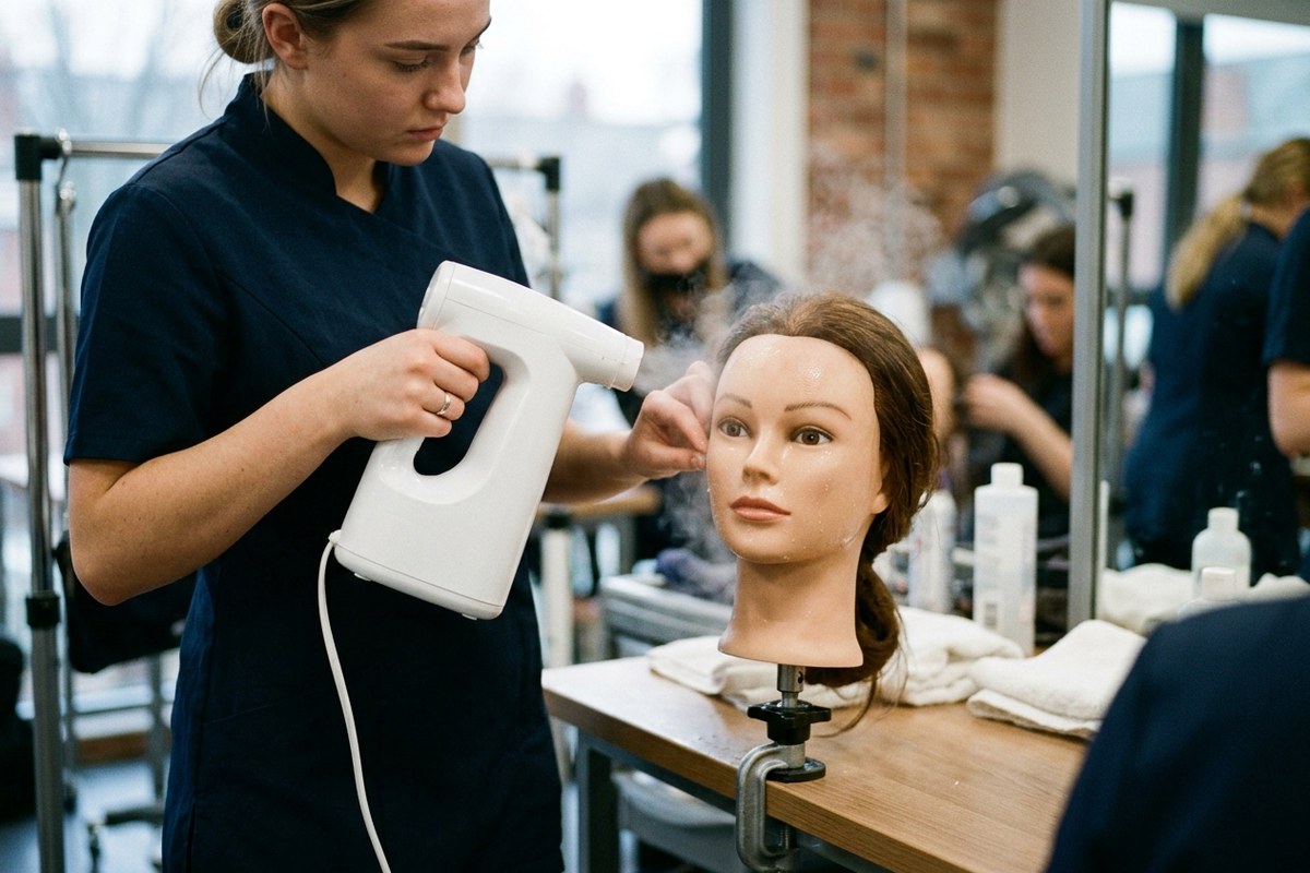 Student using a facial steamer on a practice mannequin head, how to become a licensed esthetician